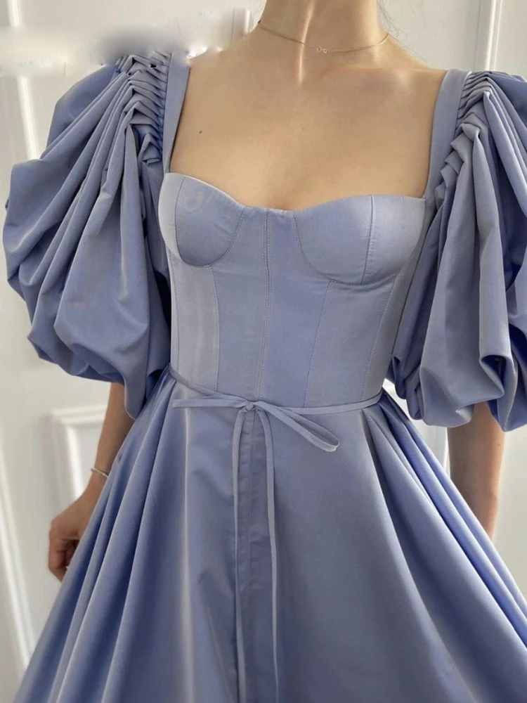 

gy Dresses A Line Square Collar Puffy Sleeves Formal Evening Dress Sexy haze blue skirt