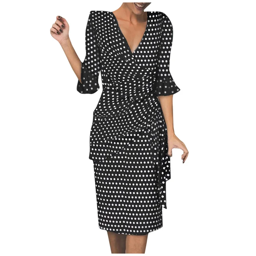 Женское платье повседневное женское модное элегантное v образный вырез в горошек