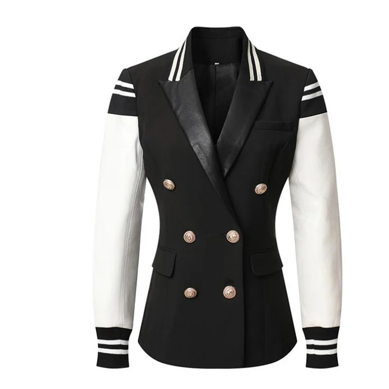 Autumn winter womens jackets coats new style European fashion contrast leather stitching double-breasted college student clothes