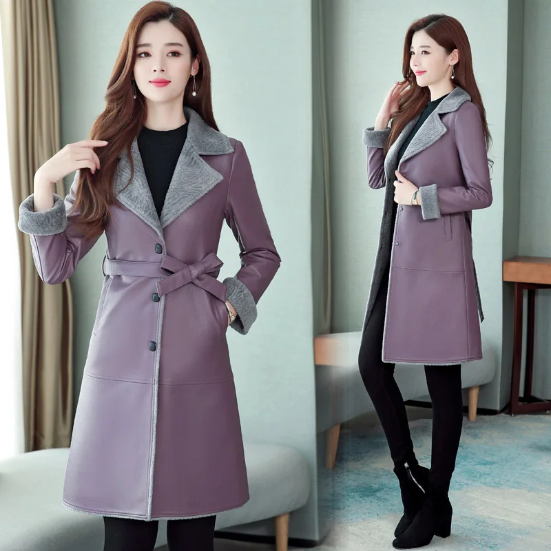 Женская меховая кожаная куртка зимняя Осенняя женская с поясом длинное пальто