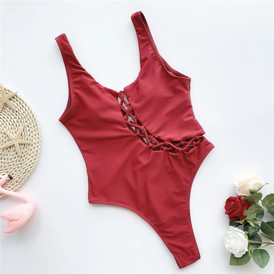 Красный открытый Бразильский купальный костюм цельный сексуальный бикини 2020