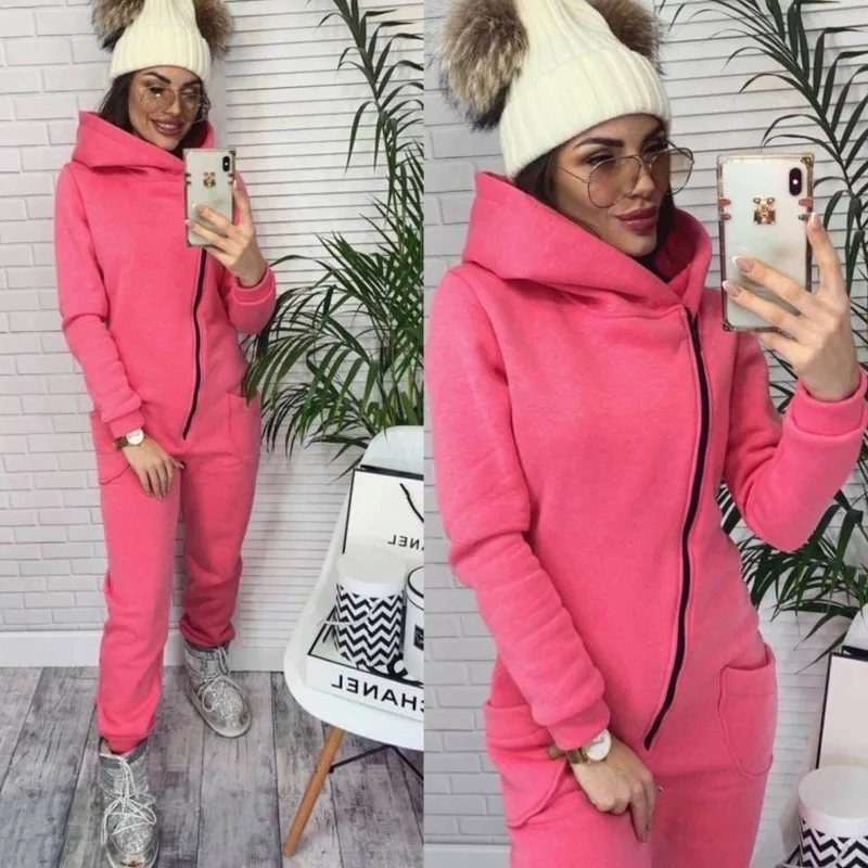 

Autumn Winter Warm Hoodie Sweatshirt Jumpsuit Fashion Solid Zipper Overalls For Women Casual Long Sleeve Pocket Romper Bodysuits