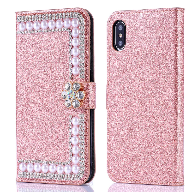 Блестящий чехол кошелек из искусственной кожи с 3D цветком и жемчугом для Iphone 11 Pro