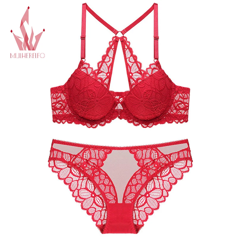 

Mulherelfo Sexy Halter Lingerie Women Underwear Lace Embroidery Patchwork Padded Bras Panties Sets Female Sensual Bralette Set