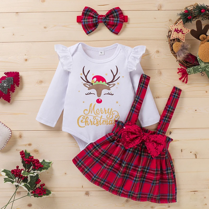 

Комплект одежды для новорожденных девочек 0-24 м милый Рождественский комбинезон для малышей Топы боди сарафан в клетку юбка платье с повязк...