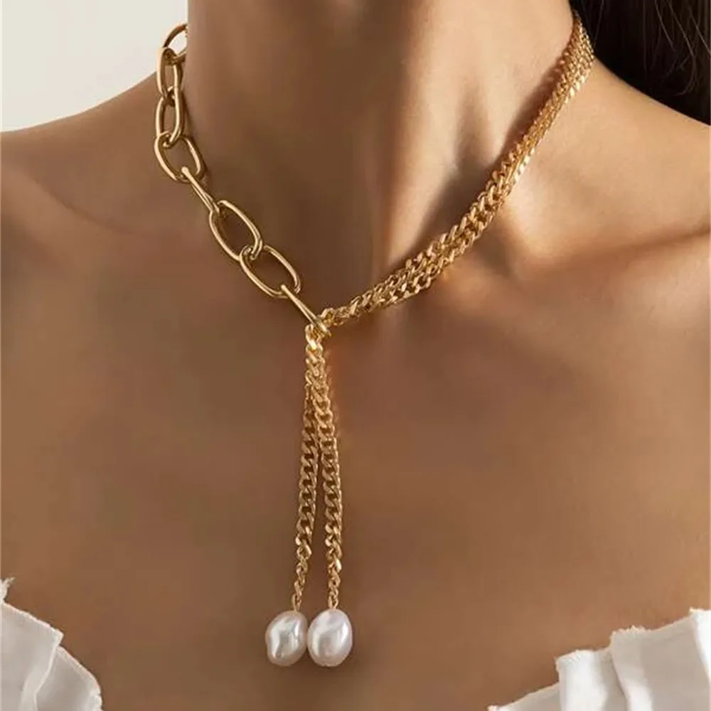 

Fashion Hip Hop Long Imitated Pearl Pendant Tassel Necklace For Women Boho Vintage Geometric Hollow Metal Chain Jewelry Gift