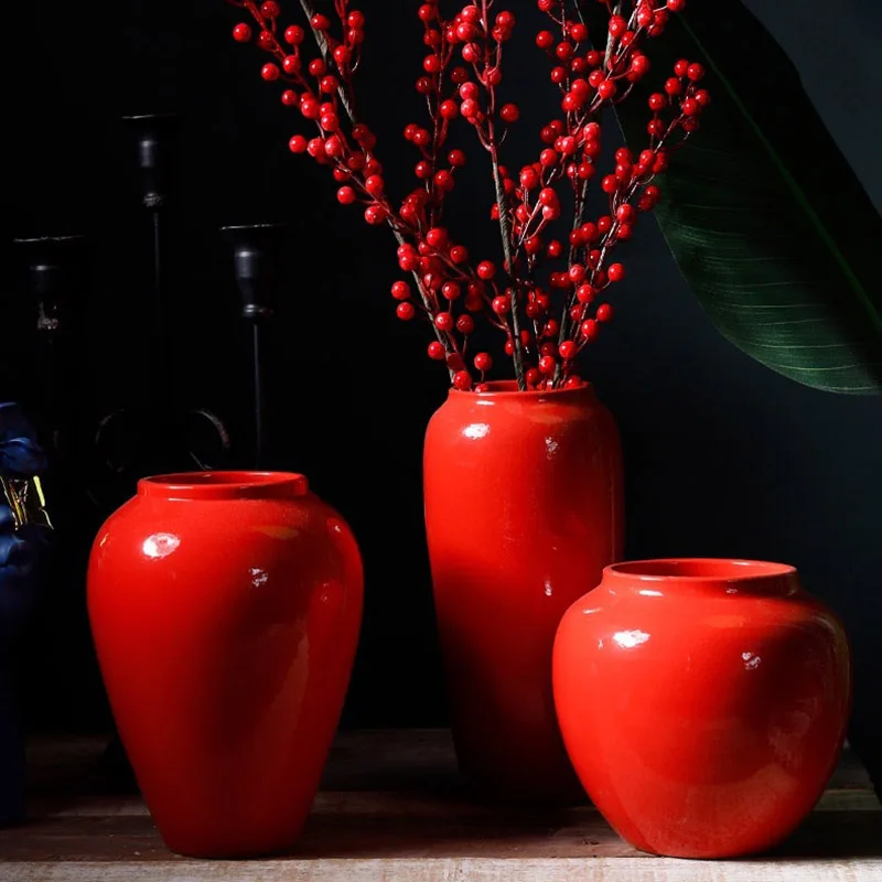 

Modern Living Room Decoration Flower Pot Ceramic Red Chinese Vases Creative Household Pots Applique False Vase Decorative Table