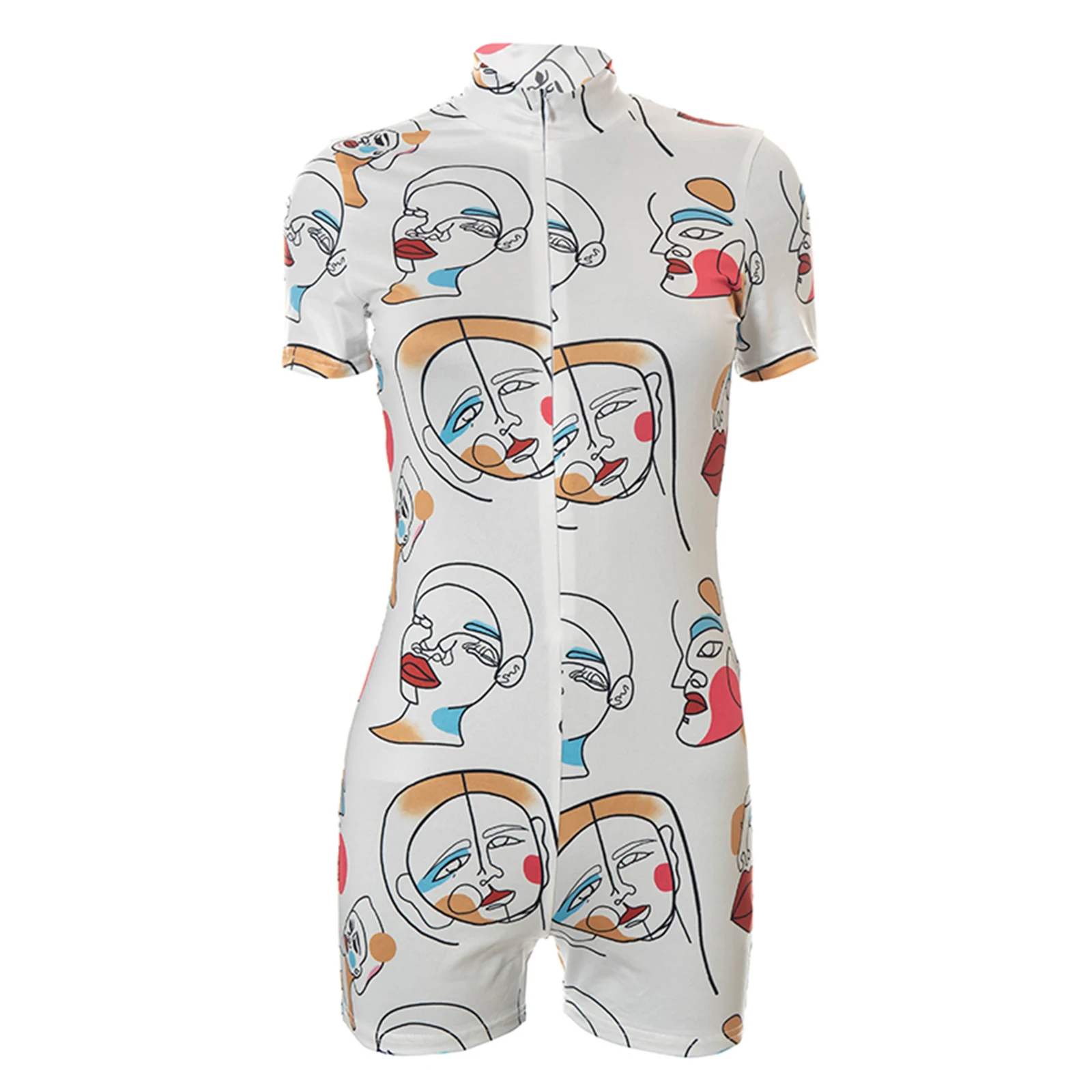 

Women’s Sexy Tight Short Jumpsuit Cartoon Printing Zipper Short Sleeve Bottoming Bodysuit