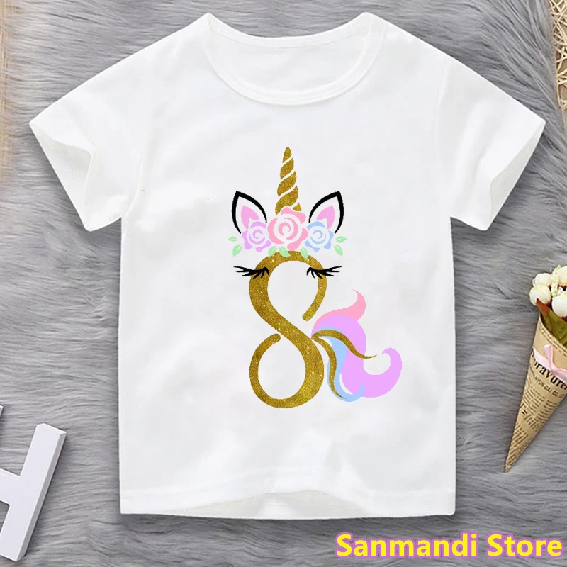 

Summer Kids Clothes Unicorn Flowers 8th Birthday Gift Tshirt For Girls Short Sleeve T Shirt Harajuku Shirt Kawaii Children Tops