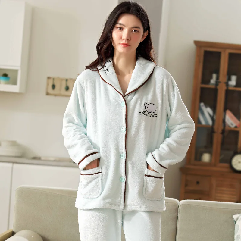 Pajamas Woman Winter Embroidered Pajamas Home Wear Long-sleeved Trousers Suit Home Clothes for Women Chemise De Nuit Femme
