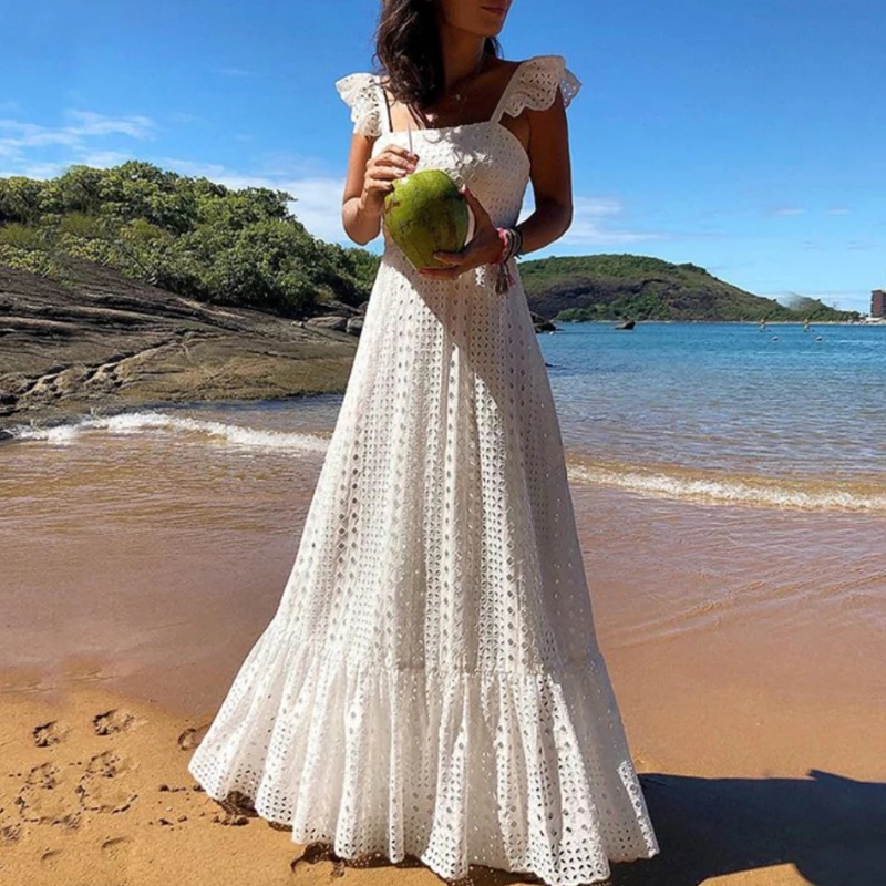 

White pearls sexy women summer dress 2020 Hollow out embroidery maxi cotton dresses Evening party long ladies vestidos
