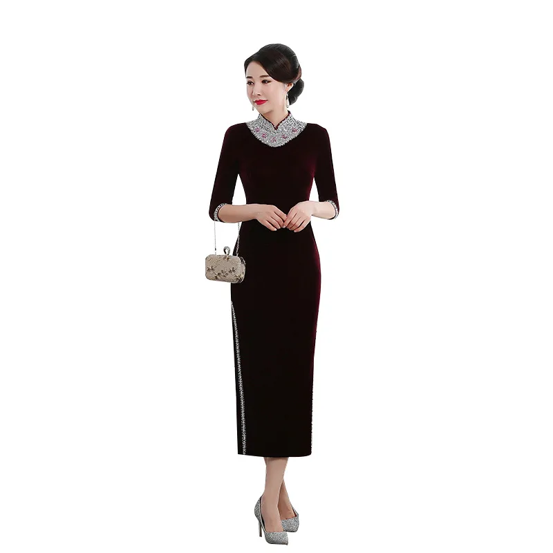 Новый стиль ретро бархат cheongsam с гвоздями бусинами для прогулок шоу платье