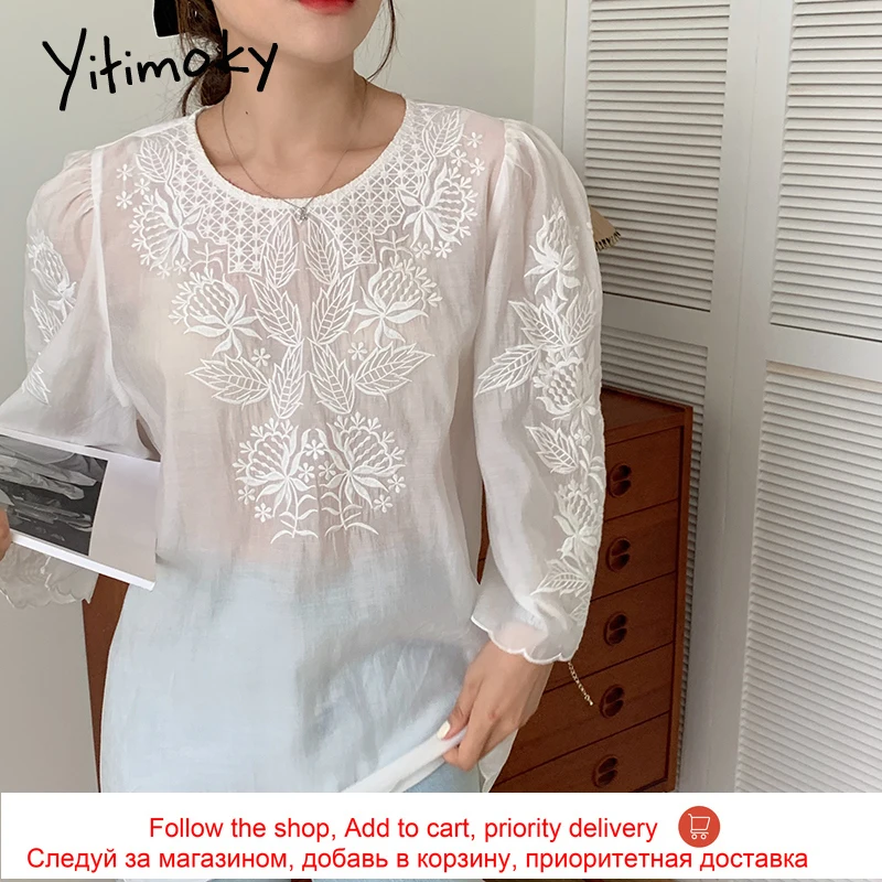 

Yitimoky Vintage Women Shirts O-Neck Puff Sleeve Fashion Korean Printing Embroidery Loose Thin Elegant Short Shirt 2021 Summer