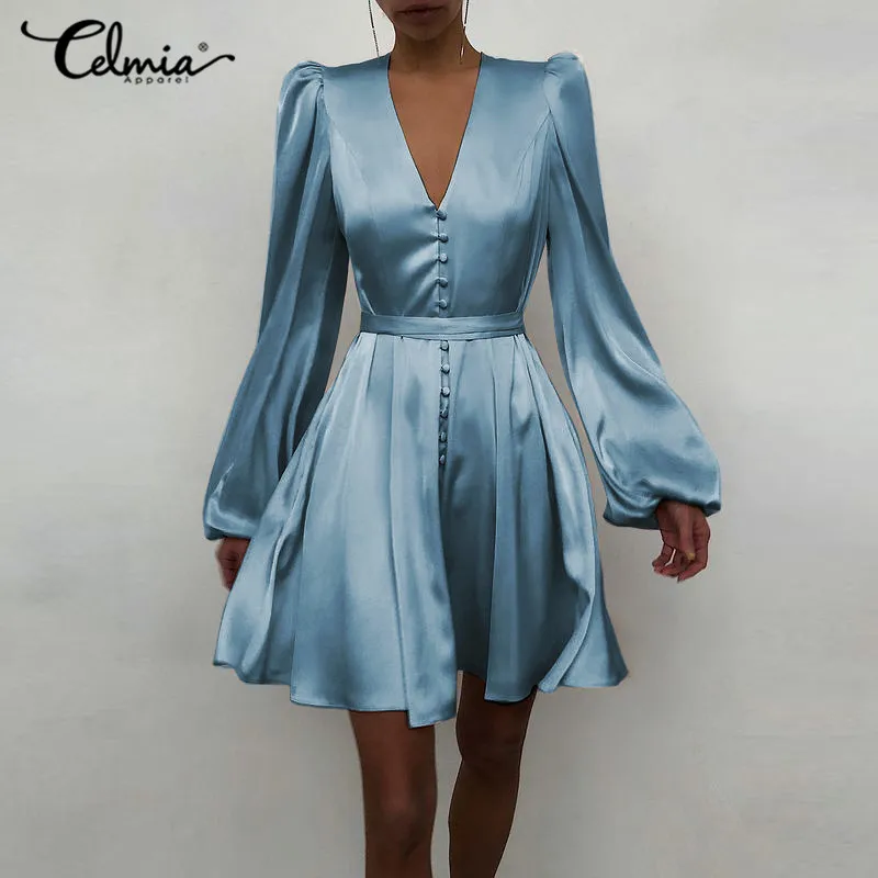 

2021 Celmia Elegant OL Satin Dress Women Long Sleeve Mini Short Dresses Bandage Solid High Waist Wrap Party Sundress