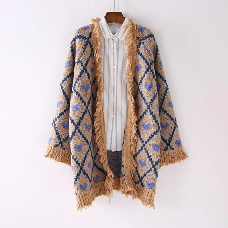 V-Neck Knitted Geometric Plaid Cardigan Women New Loose Plus Size Sweater Coat |