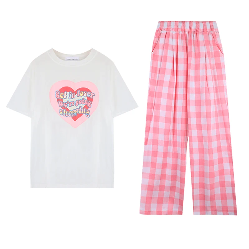 

Loose 2 Piece Set Women Summer White Tops TShirt Elastic Waist Pink Plaid Pant Sweet Girl Outfits Women Clothes