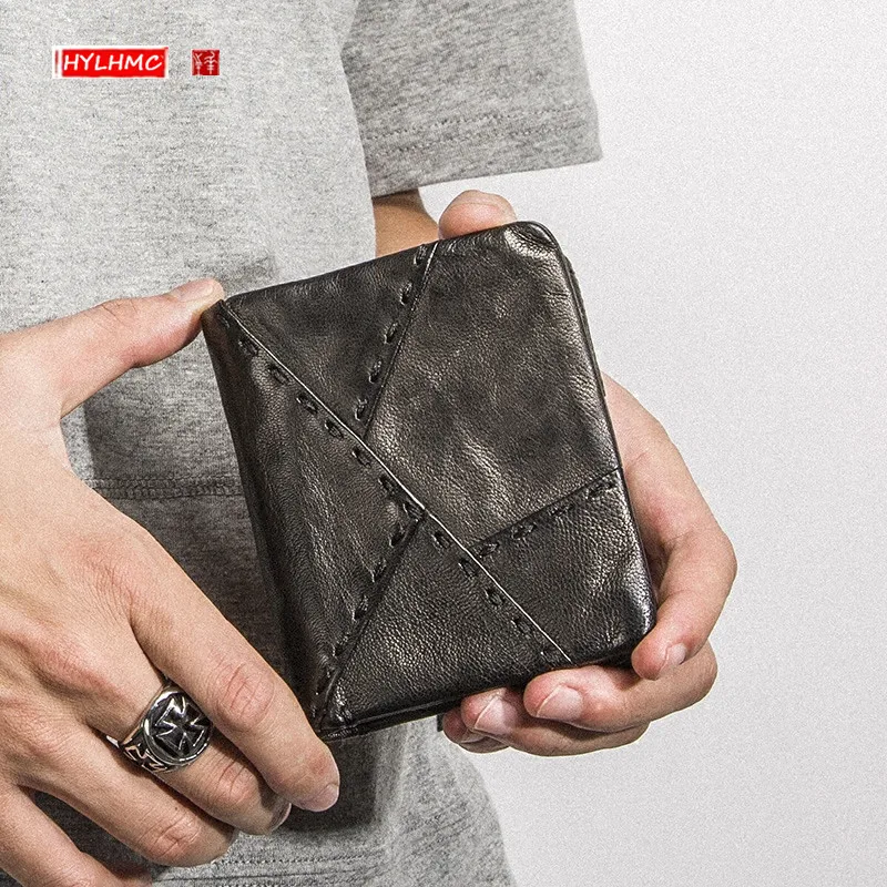 

Кожаный кошелек ручной работы, мужской короткий вертикальный кошелек на молнии, индивидуальный мужской кошелек из искусственной кожи, Моло...