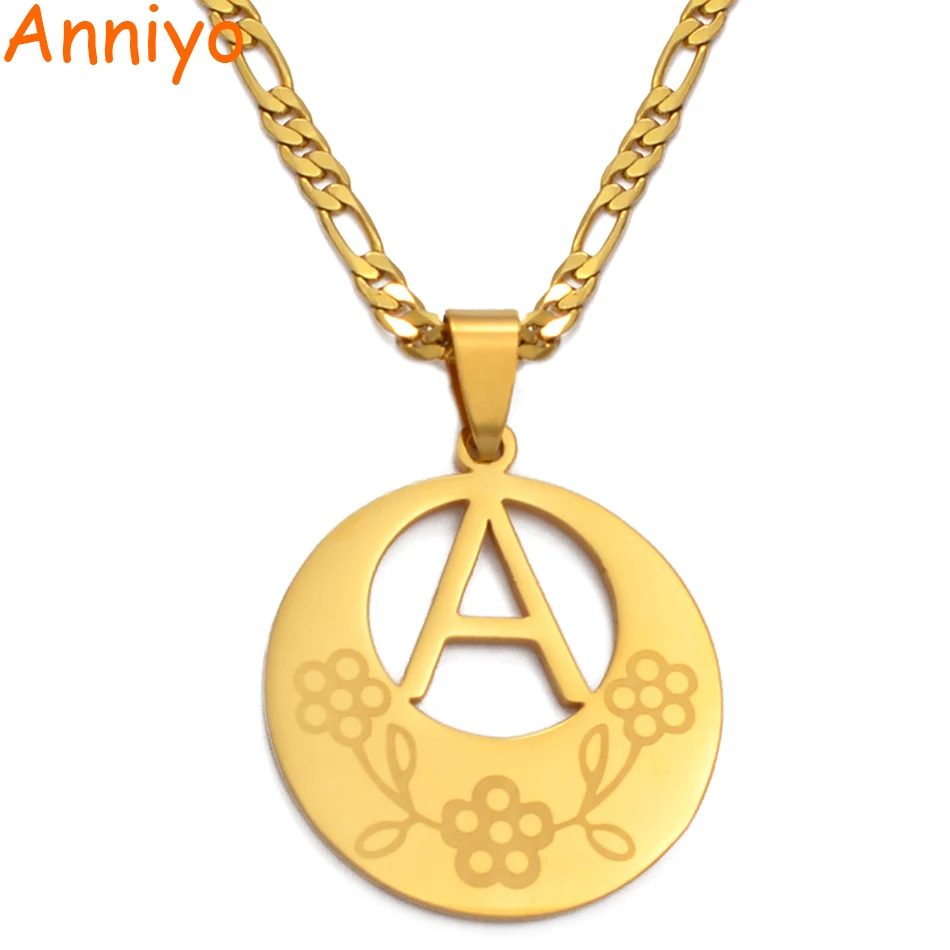 

Anniyo 3CM Flower Medium A-Z Letter Pendant Necklaces Women Men English ABC Chain Initial Alphabet Guam Hawaii Jewelry #134321