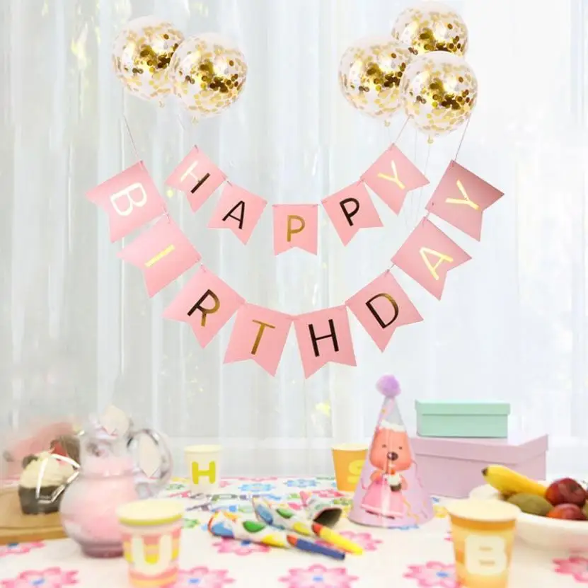 Баннер с надписью на день рождения 5 воздушных шаров + белый флаг|Флажки вымпелы и