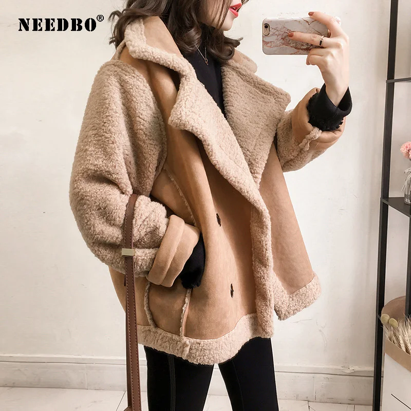 NEEDBO женское короткое пальто из овечьей шерсти со стоячим воротником новая зимняя