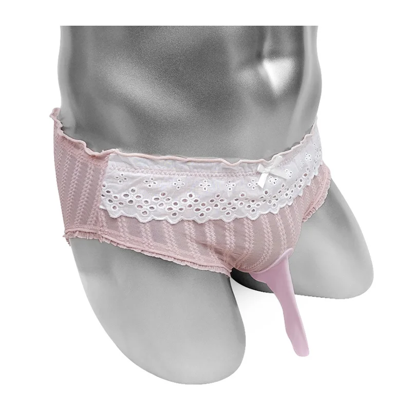 See Through Sissy Pouch Panties Penis Sheath Mens Briefs Underwear Striped Lace Bowknot Sexy Lingerie Funny Cute Male Bikini