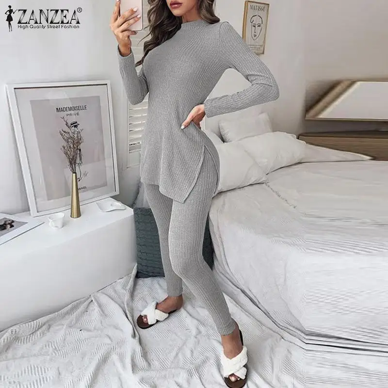 

ZANZEA 2021 Autumn Solid Slim Matching Sets Female Long Sleeve ONeck Top Elastic Waist Trouser 2PCS Women Casual Knit Pant Suits