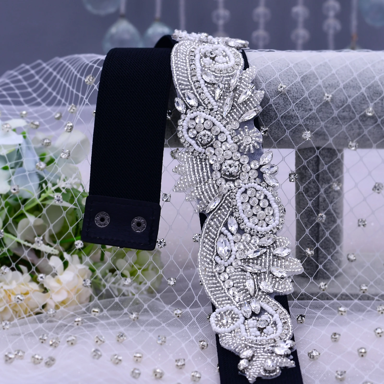 

TRiXY S280 Elastic waist belt wide rhinestone and pearl belts wedding sash bridal belts sequin belt wedding dress belt