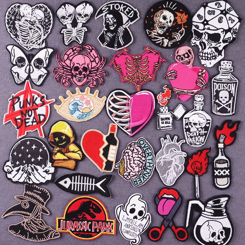 

Punk Heart Patches On Clothes Skull Iron on Embroidered Patches For Jeans Clothing DIY Hippie Striped Patch Appliques Badges