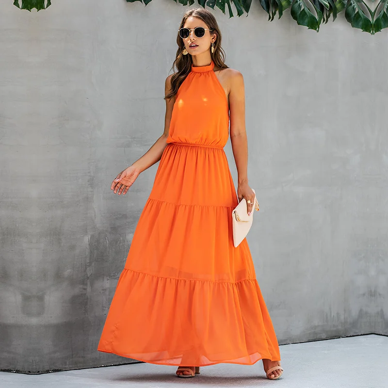 

New 2022 Women's Summer Fashion Halter Pure Color Dress Elegant Style Ladies Swing Dress