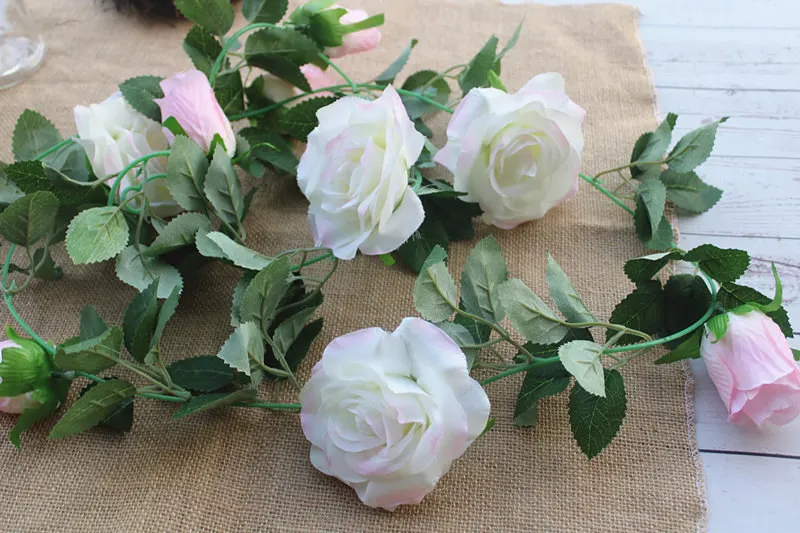 Spring Pink White 200 см Роскошные розы ротанга с листьями гирлянда шелк искусственный Цветы Поддельные плюща Сваг из лозы свадебные DIY украшения венок для вечеринок - Цвет: Spring Pink White