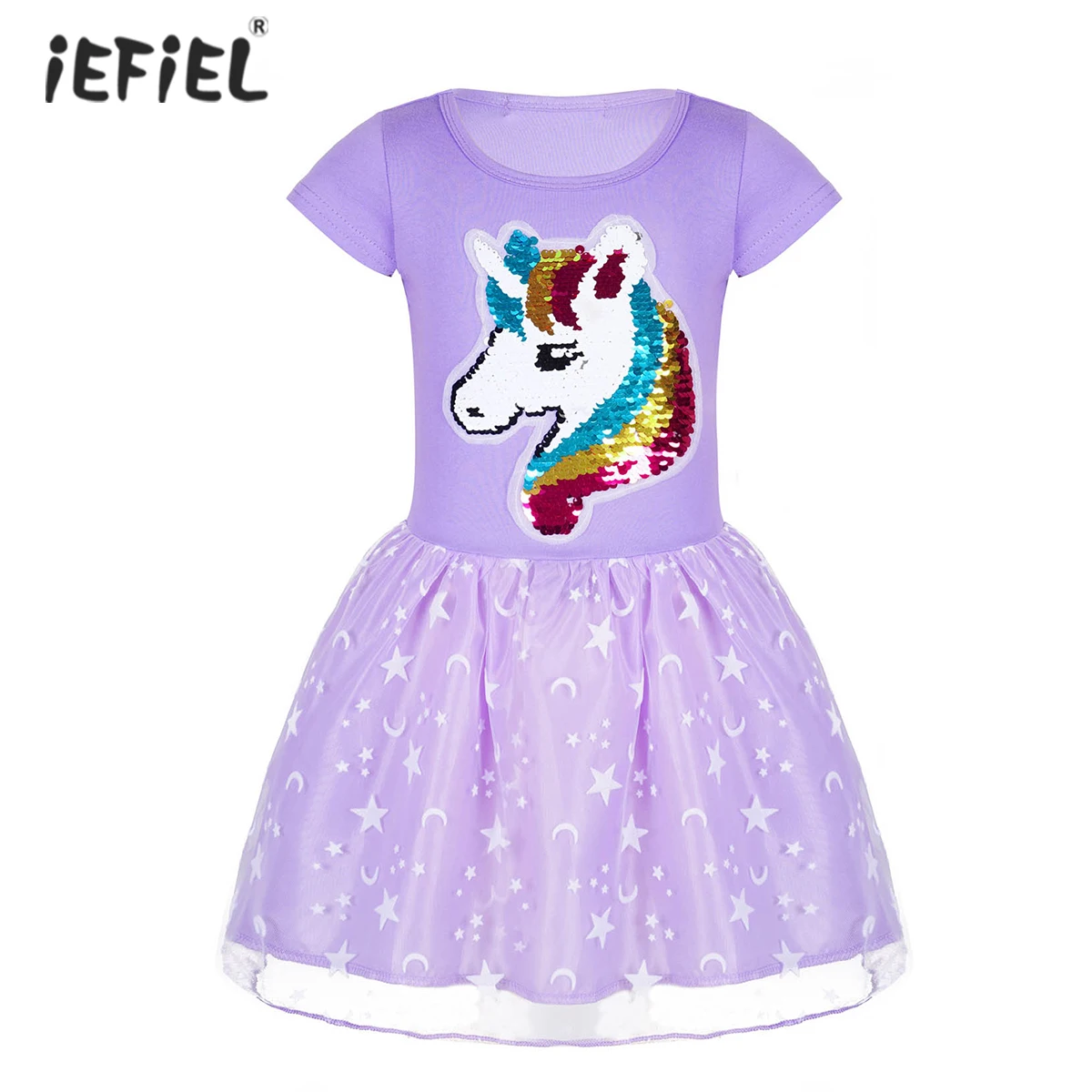 Летнее платье для девочек детское с короткими рукавами блестками лошадь