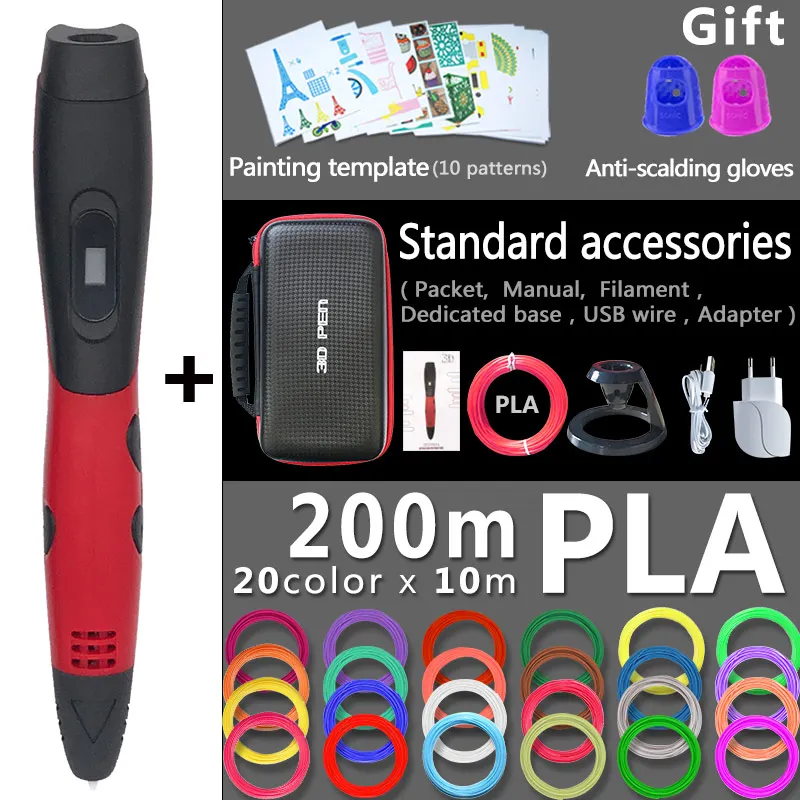 Red pen 200m PLA 3d Ручка 3d ручки, подарок на год для детей; подарок на день рождения, Рождество, 3 d Ручка 3d модели, Творческая 3d печатная ручка, 1,75 мм ABS/PLA нити - Цвет: Red pen 200m PLA