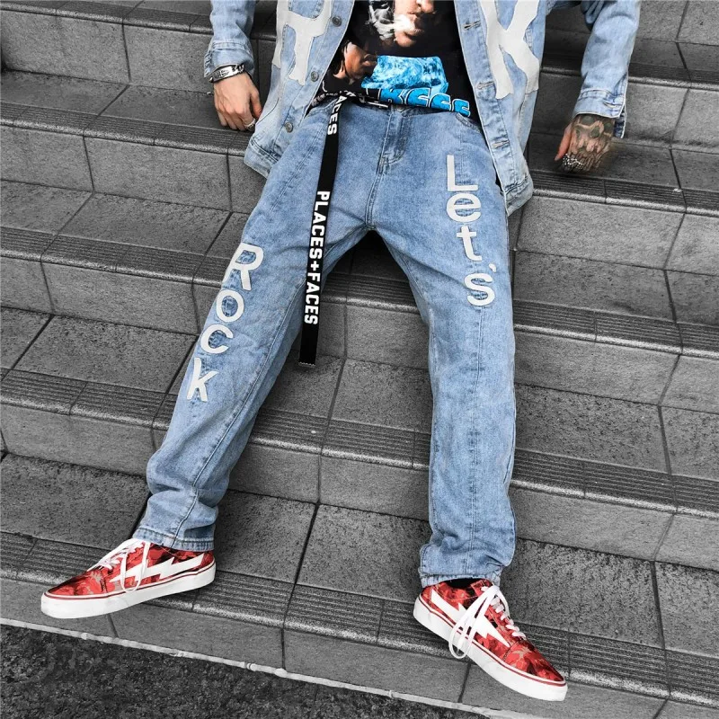 2021 New Arrival Letter Print Punk Rock Men Hip Hop Jeans Pants Washed Blue Casual Cotton Denim Trousers For Teens Ropa Hombre