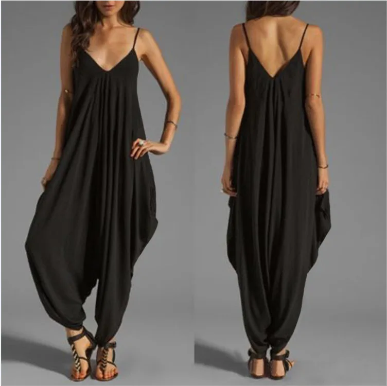 

Low-cut V-neck Sexy Suspender Jumpsuit Loose Jumpsuit Beach Casual Loose One Piece Adult Onesies for Women Wholesale Lounge Wear