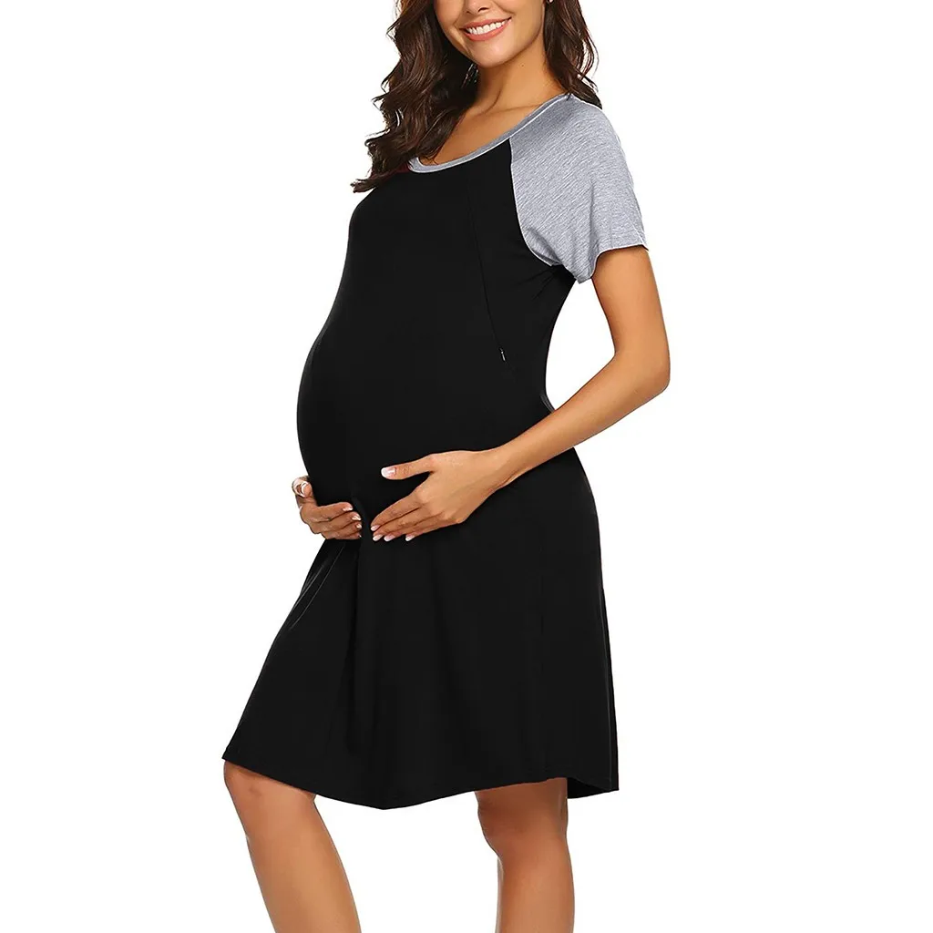 Summer Maternity Pajama Women Short Sleeve Splicing Color Nursing Breastfeeding Dress Одежда Для Беременных2020 @50 | Мать и