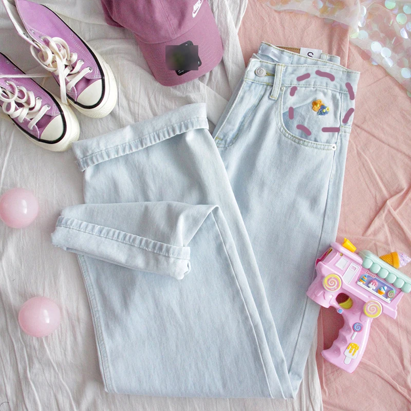

Japanese Denim trousers Teen Girls High waist Loose Ins Student Casual Pants Flower Light color Wide leg pants College style