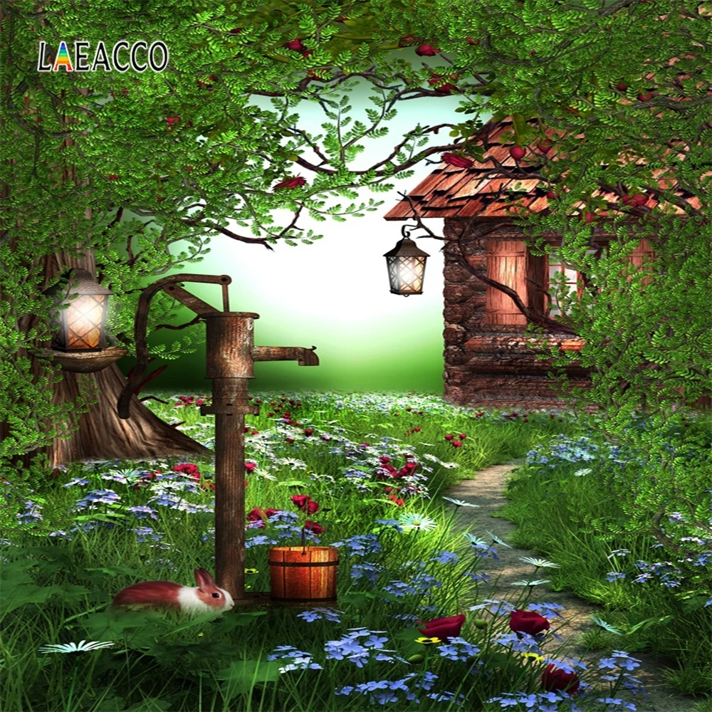 

Laeacco Jungle Party Photography Backdrops Forest Tree Mushroom River Waterfall Photo Backgrounds Baby Birthday Photophone Props