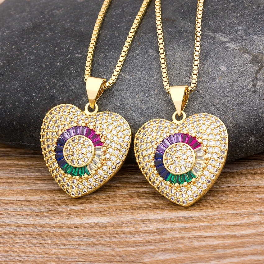 

New Design Fashion Heart Pendent For Women Charm Chain Necklaces Lovers Copper Zirconia Stone Rainbow Jewelry Wedding Gift