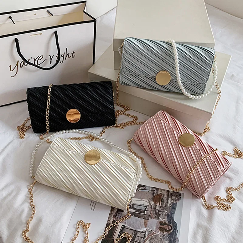 

[EAM] Women New Elegant Luxury Pearls Chains Silk High Quality All-match Crossbody Shoulder Bag Fashion Tide 2021 18A1913