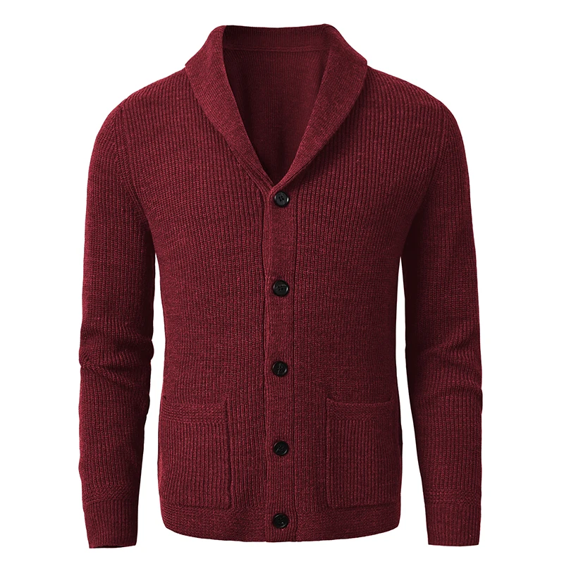 Men's Shawl Collar Cardigan Sweater Slim Fit Cable Knit Button up Black Merino Wool Sweater