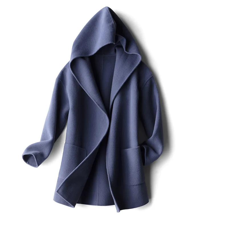 

Новинка, двустороннее кашемировое пальто, женское корейское свободное шерстяное пальто средней длины с капюшоном в стиле Хепберн