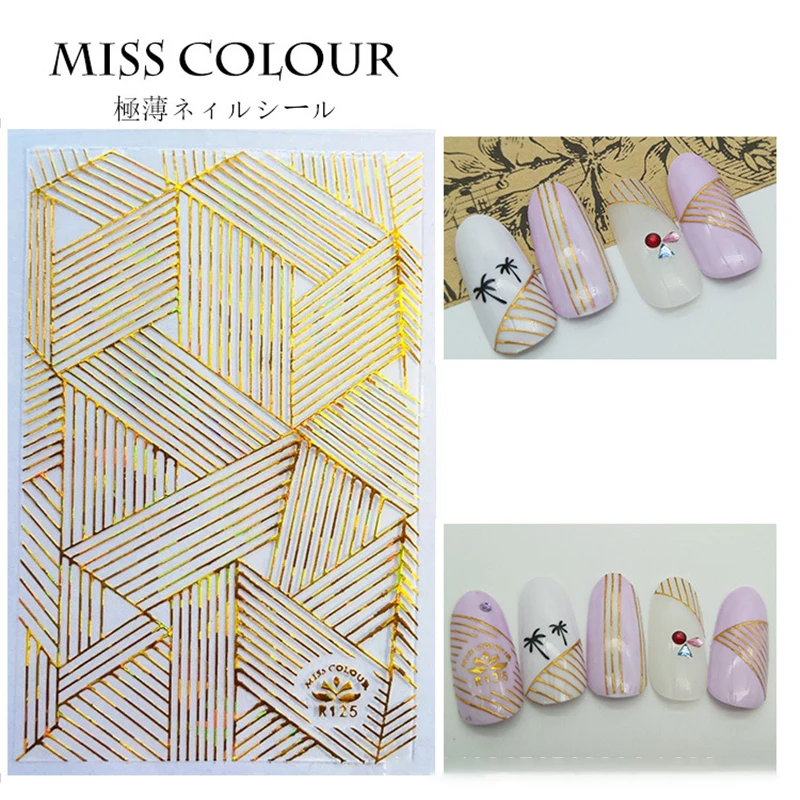 Золотые 3D наклейки для ногтей изогнутые полосы линия Стикеры градиентная