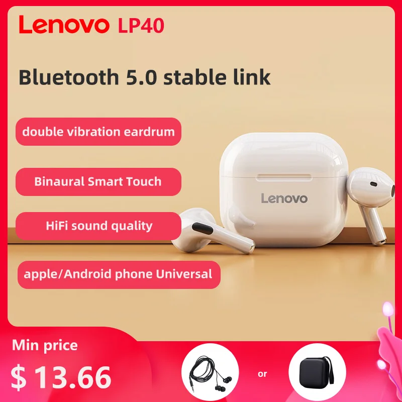 Оригинальные беспроводные наушники Lenovo LP40 TWS Bluetooth Спортивная гарнитура с