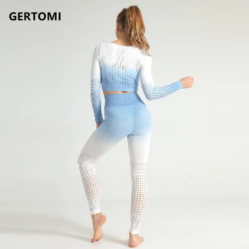 

Dyeing Gradient Women's Long-sleeved Seamless Hollow Yoga Suit Suit Fitness High Waist Tight-fitting Exercise Suit