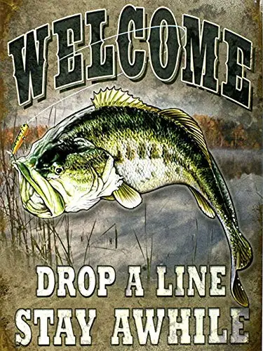 

Welcome Bass Fishing Theme Retro Wall Decor Metal Tin Sign 8x12 Inch Vintage Bar Club Home Restaurant Kitchen Garage Or Gift