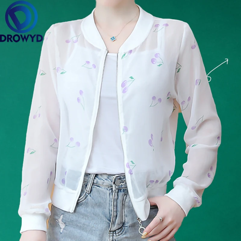 

Summer White Floral Thin Baseball Jacket Women Casual Pockets Transparent Bomber Tops Breathable Sunscreen Cardigan Loose Coat