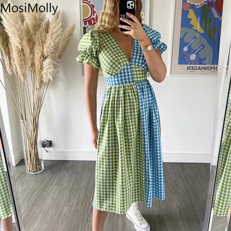 

MosiMolly 2021 Trendy Plaid Dress Women Color Block Cotton Dress Puff Sleeve Knee Length Dress Female Vestidos
