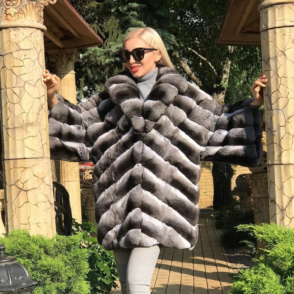 Luxury Women Real Rex Rabbit Fur Coat with Turn-down Collar Fashion Chinchilla Color Genuine Rex Rabbit Fur Coats Whole Skin