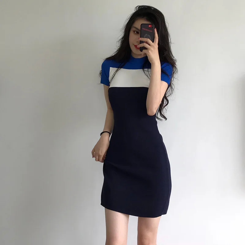 

2021 Summer Blue Patchwork Sexy Sheath Dress Women's Bottoming Short Sleeve Slim Dress Lady Knitted T Shirt Dress