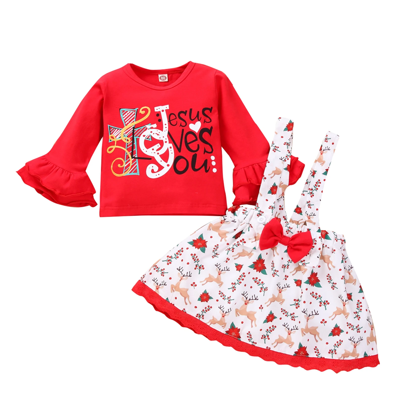 

Newest 2Pcs Toddler Christmas Outfits, Letters O-Neck Flare Sleeves T-Shirt + Reindeer Suspenders Skirt for Girls, 1-4 Years